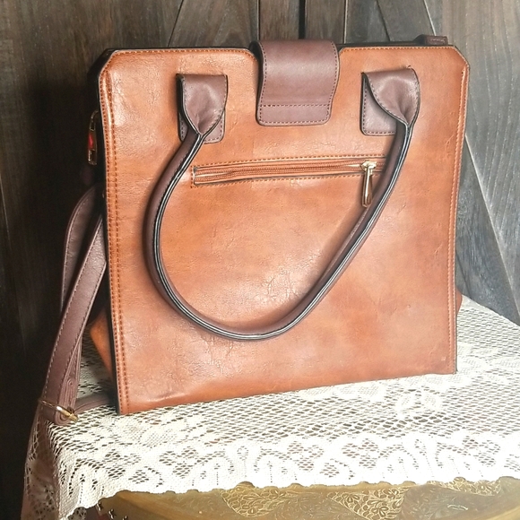 Brown leather purse w/ 2 handles & crossbody strap - Picture 4 of 9